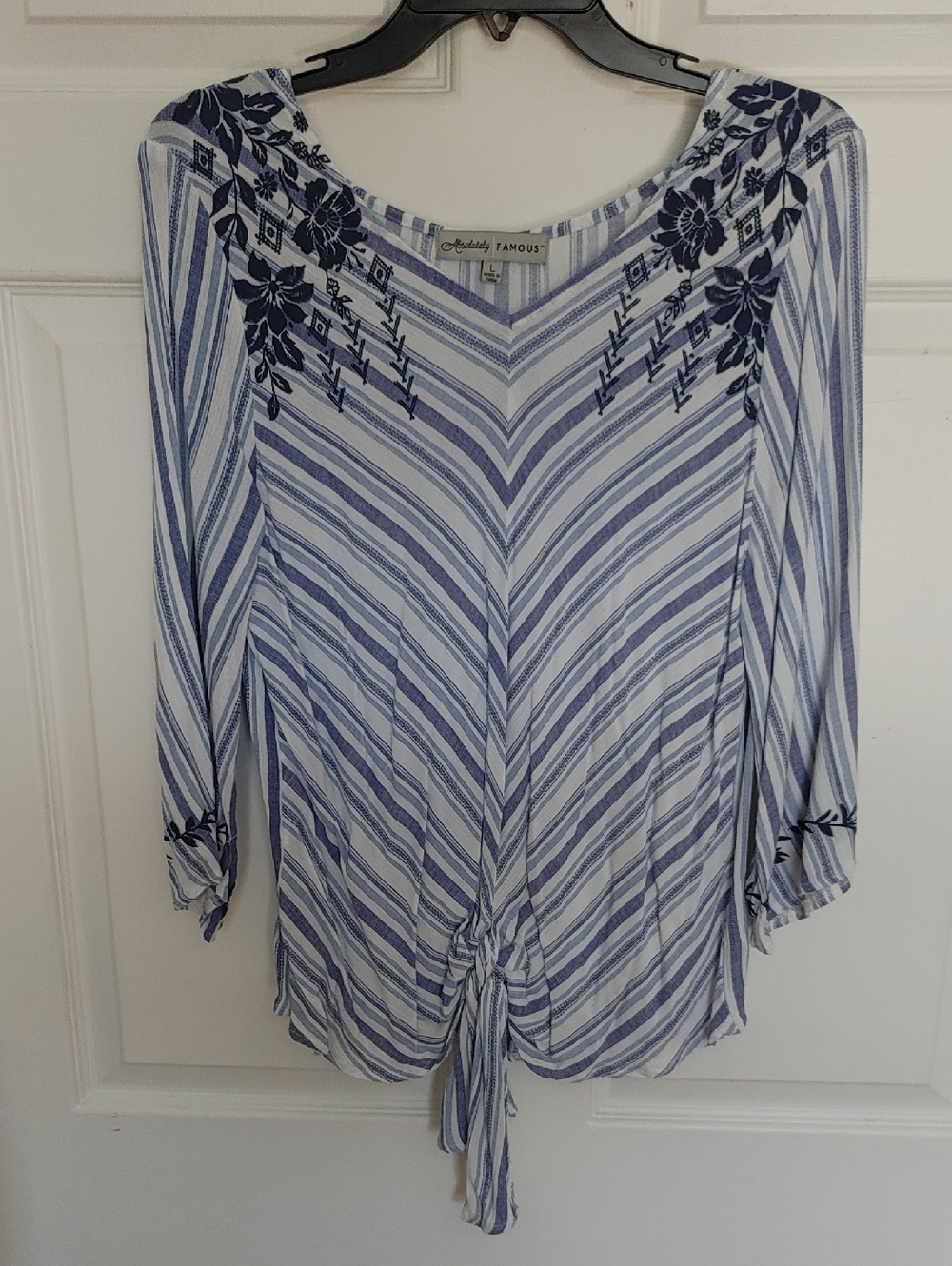 Blue & White Striped V-Neck Tie-Front Women's Top